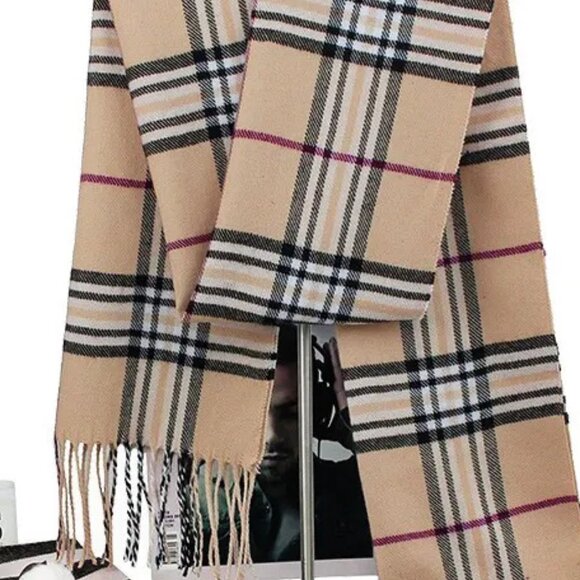 2/$30 Classic Tan Beige Plaid Tartan Scarf Cashmere Feel Fringe Winter Wrap Men - Picture 5 of 5